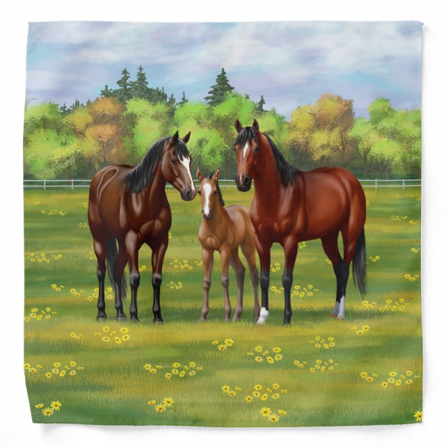 Brown Bay Quarter Horses In Summer Pasture Bandana (Front)