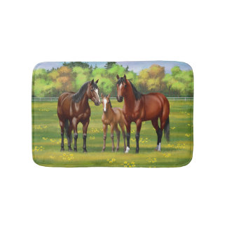 Brown Bay Quarter Horses In Summer Pasture Bath Mat