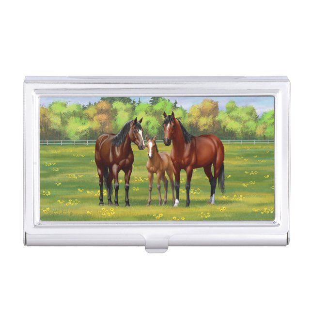 Brown Bay Quarter Horses In Summer Pasture Business Card Case (Front)
