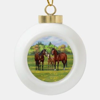 Brown Bay Quarter Horses In Summer Pasture Ceramic Ball Christmas Ornament