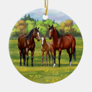 Brown Bay Quarter Horses In Summer Pasture Ceramic Ornament