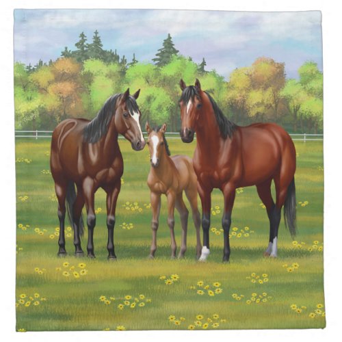 Brown Bay Quarter Horses In Summer Pasture Cloth Napkin