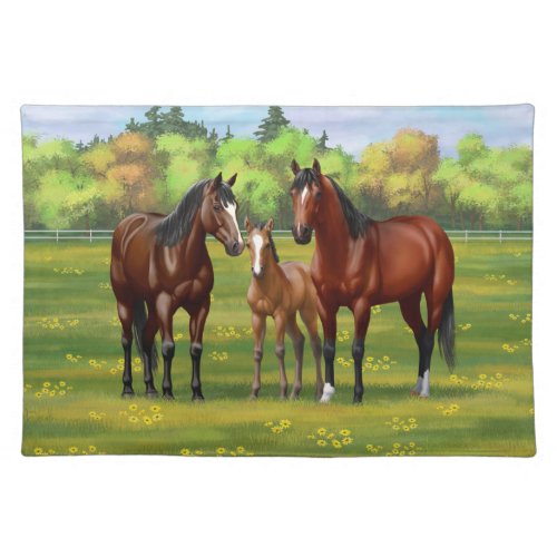 Brown Bay Quarter Horses In Summer Pasture Cloth Placemat