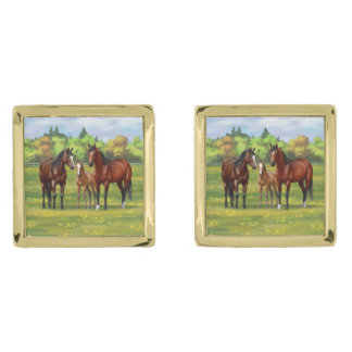 Brown Bay Quarter Horses In Summer Pasture Cufflinks