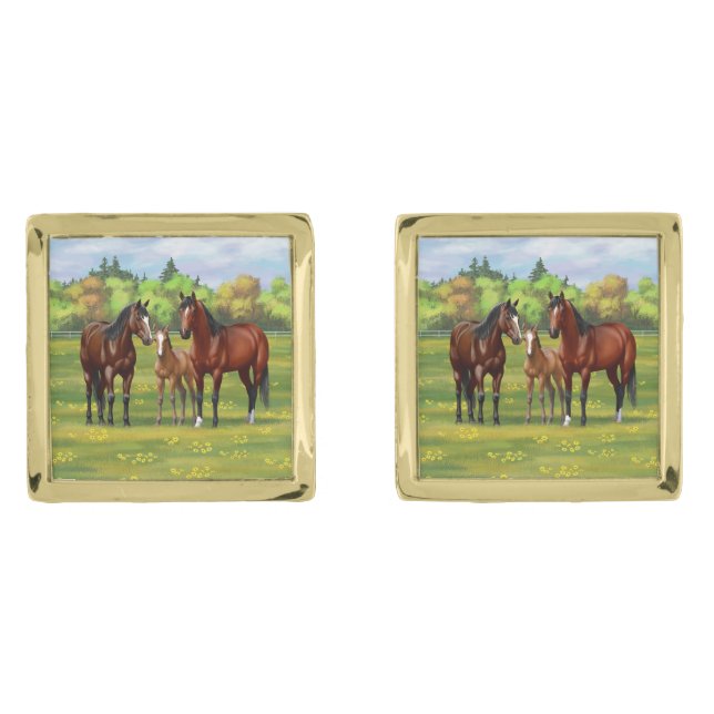 Brown Bay Quarter Horses In Summer Pasture Cufflinks (Front)