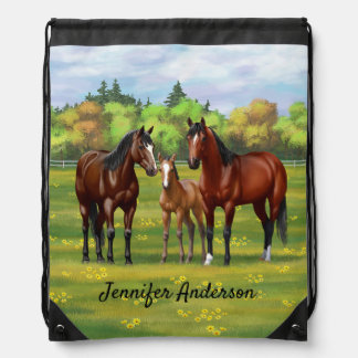 Brown Bay Quarter Horses In Summer Pasture Drawstring Bag