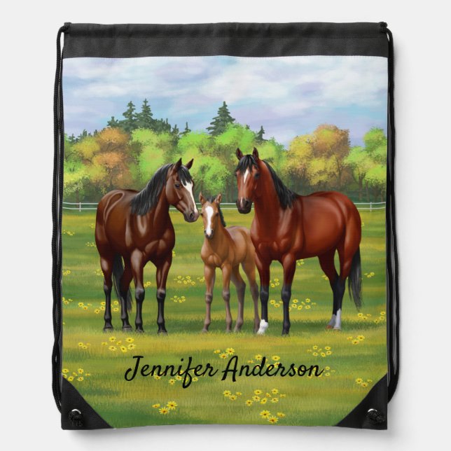 Brown Bay Quarter Horses In Summer Pasture Drawstring Bag (Front)