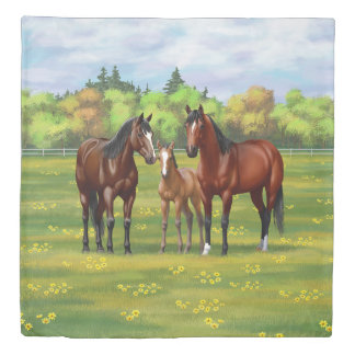 Brown Bay Quarter Horses In Summer Pasture Duvet Cover
