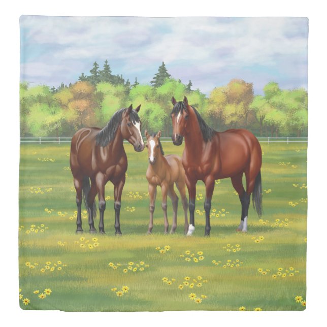 Brown Bay Quarter Horses In Summer Pasture Duvet Cover (Front)