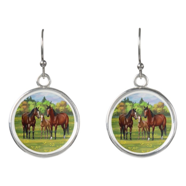 Brown Bay Quarter Horses In Summer Pasture Earrings (Front)