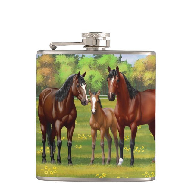 Brown Bay Quarter Horses In Summer Pasture Flask (Front)