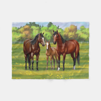 Brown Bay Quarter Horses In Summer Pasture Fleece Blanket