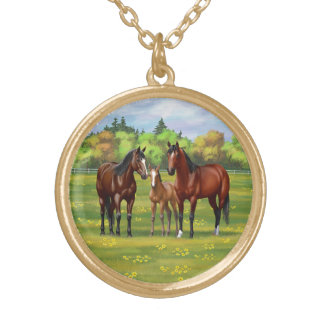 Brown Bay Quarter Horses In Summer Pasture Gold Plated Necklace