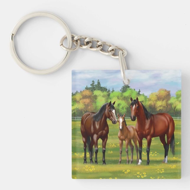 Brown Bay Quarter Horses In Summer Pasture Keychain (Front)