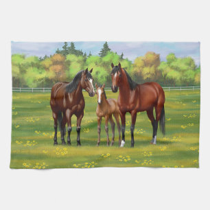 Brown Bay Quarter Horses In Summer Pasture Kitchen Towel