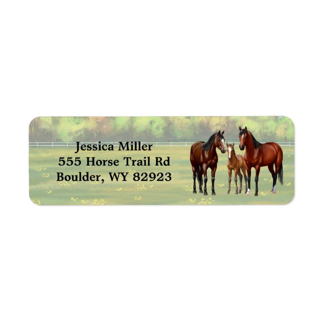 Brown Bay Quarter Horses In Summer Pasture Label (Front)