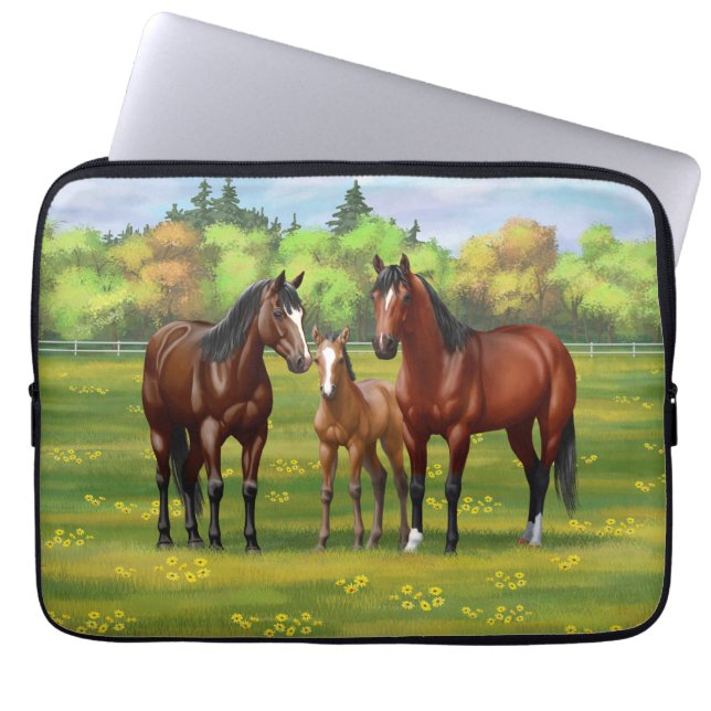 Brown Bay Quarter Horses In Summer Pasture Laptop Sleeve (Front)
