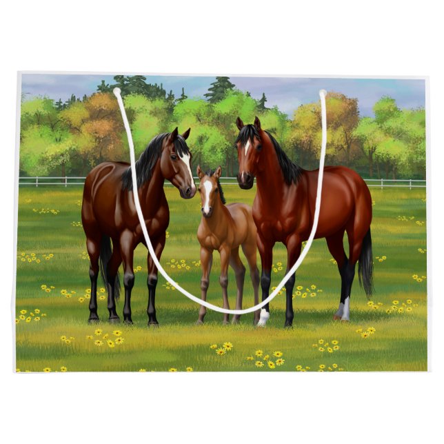 Brown Bay Quarter Horses In Summer Pasture Large Gift Bag (Back)