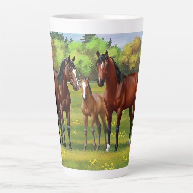 Brown Bay Quarter Horses In Summer Pasture Latte Mug (Front)