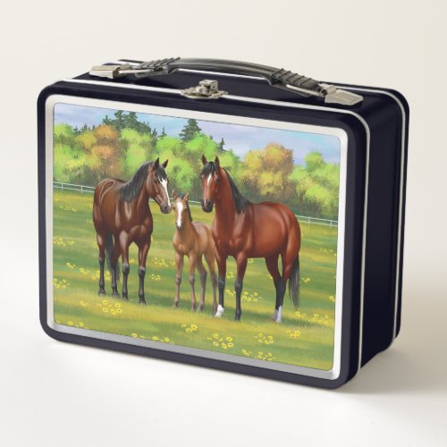 Brown Bay Quarter Horses In Summer Pasture Metal Lunch Box