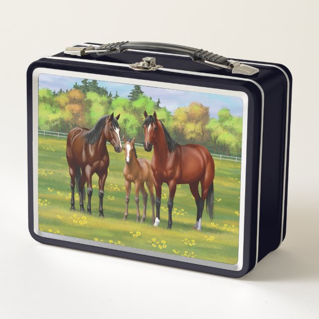 Brown Bay Quarter Horses In Summer Pasture Metal Lunch Box (Front)