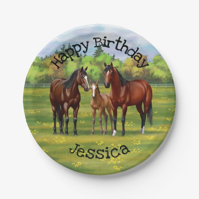 Brown Bay Quarter Horses In Summer Pasture Paper Plates (Front)