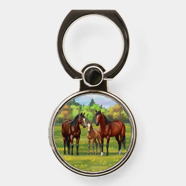 Brown Bay Quarter Horses In Summer Pasture Phone Ring Stand (Front)