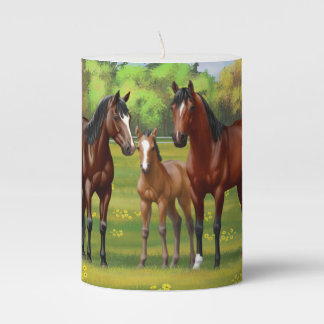 Brown Bay Quarter Horses In Summer Pasture Pillar Candle
