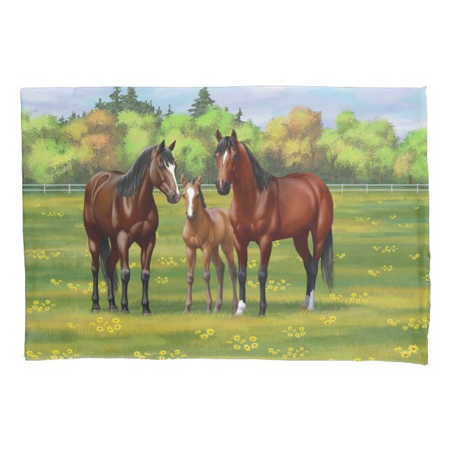 Brown Bay Quarter Horses In Summer Pasture Pillow Case (Front-Left)