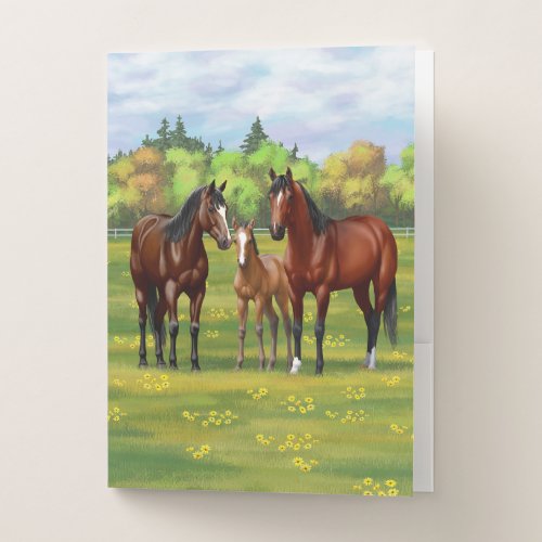 Brown Bay Quarter Horses In Summer Pasture Pocket Folder