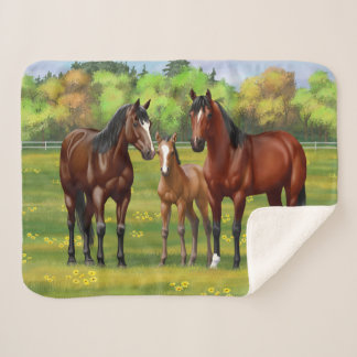 Brown Bay Quarter Horses In Summer Pasture Sherpa Blanket