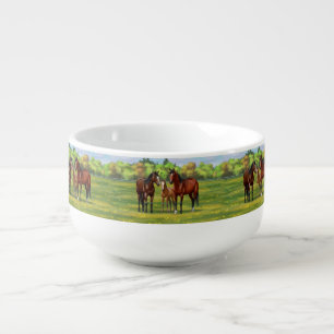 Brown Bay Quarter Horses In Summer Pasture Soup Mug