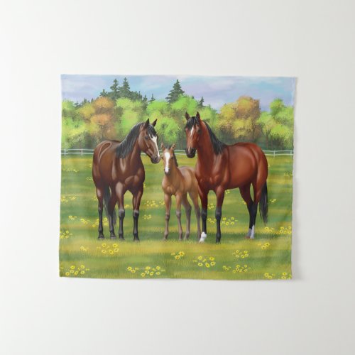 Brown Bay Quarter Horses In Summer Pasture Tapestry