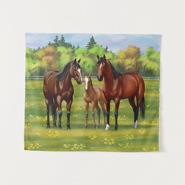 Brown Bay Quarter Horses In Summer Pasture Tapestry (Front (Horizontal))