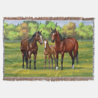 Brown Bay Quarter Horses In Summer Pasture Throw Blanket