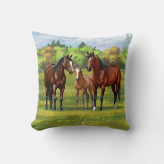 Brown Bay Quarter Horses In Summer Pasture Throw Pillow