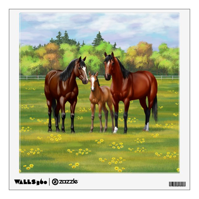 Brown Bay Quarter Horses In Summer Pasture Wall Decal (Front)