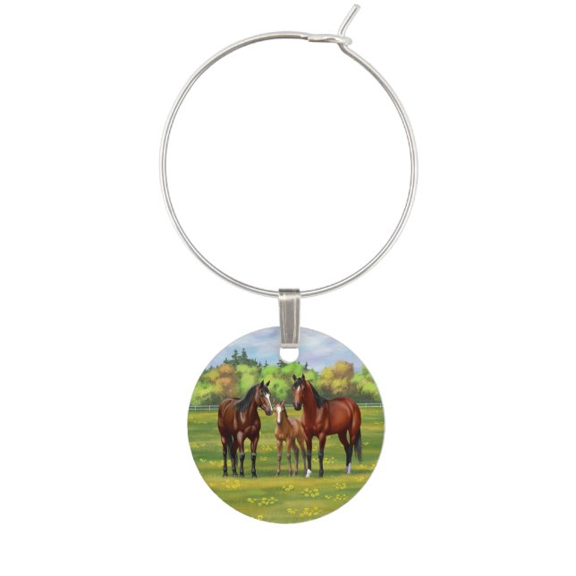 Brown Bay Quarter Horses In Summer Pasture Wine Charm (Front)