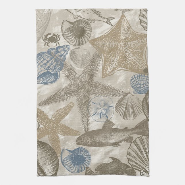 Brown Beach Blue Shells Ocean    Kitchen Towel (Vertical)