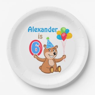 Brown Bear 6th Birthday Paper Plate