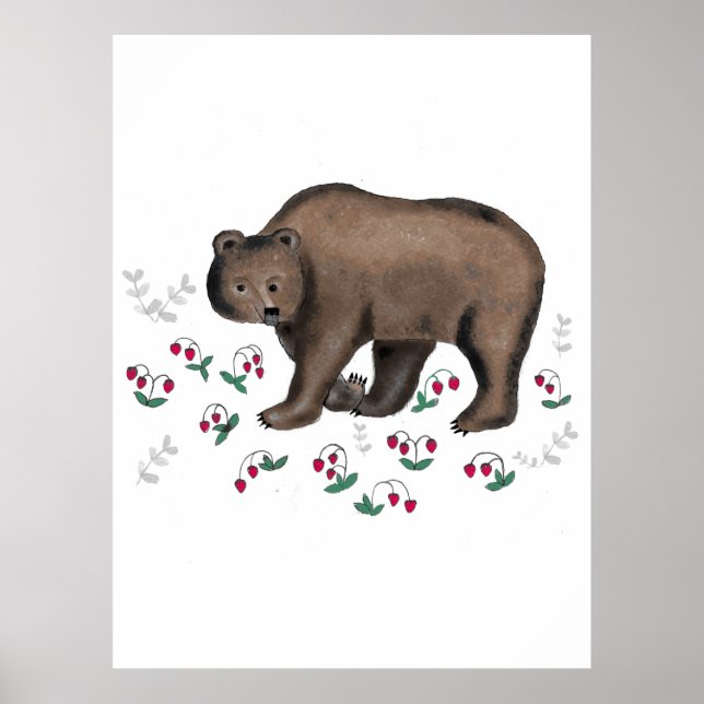 Brown Bear And Forest Strawberries Illustration Poster (Front)