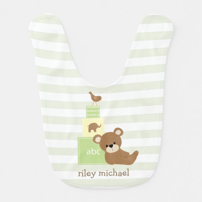 Brown Bear and Green Toy Blocks Personalized Baby Bib (Front)