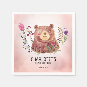 Brown Bear and Pink Flowers Child's Birthday Napkins