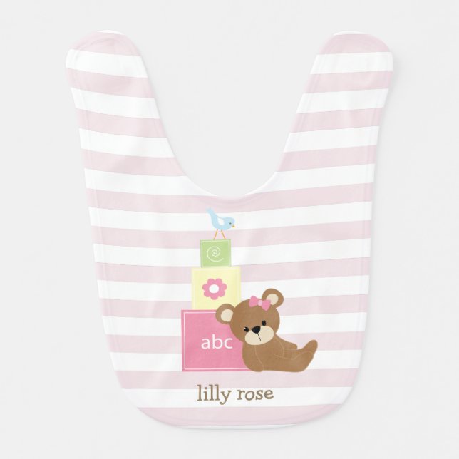 Brown Bear and Pink Toy Blocks Personalized Baby Bib (Front)