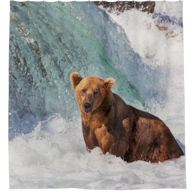 Brown Bear Animal Blue Waterfall Wildlife Shower Curtain (Front)