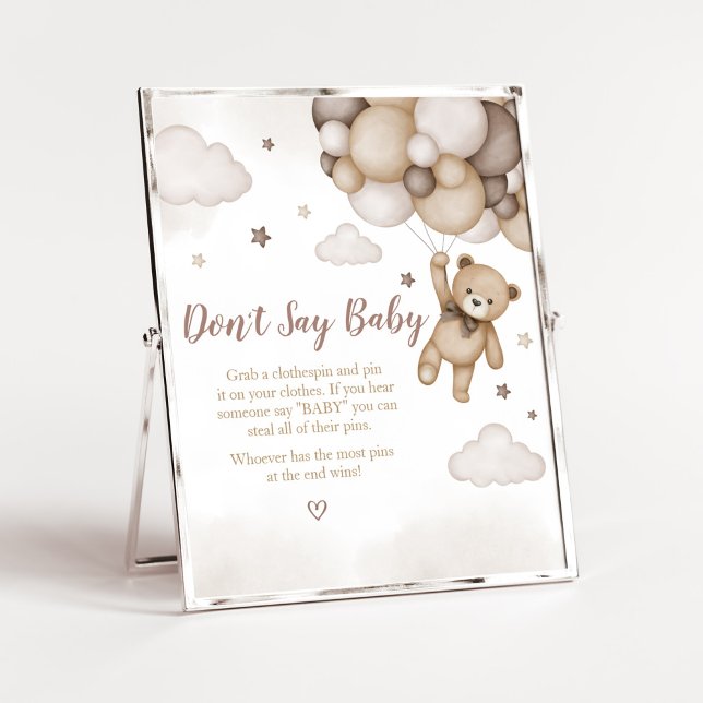 Brown Bear Balloon Baby Shower Don't Say Baby Poster (Brown Boho Bear Baby Shower  Don't Say Baby Sign)
