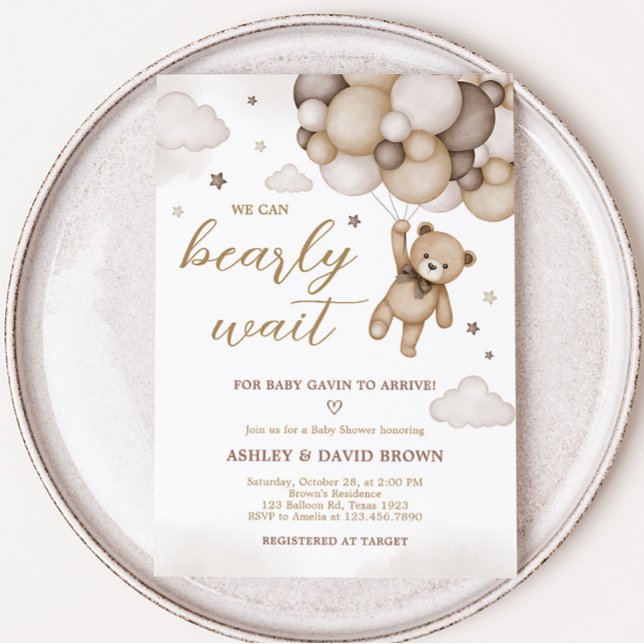 Brown Bear Balloon Baby Shower Invitation (Brown Boho Bear Baby Shower Invitation)