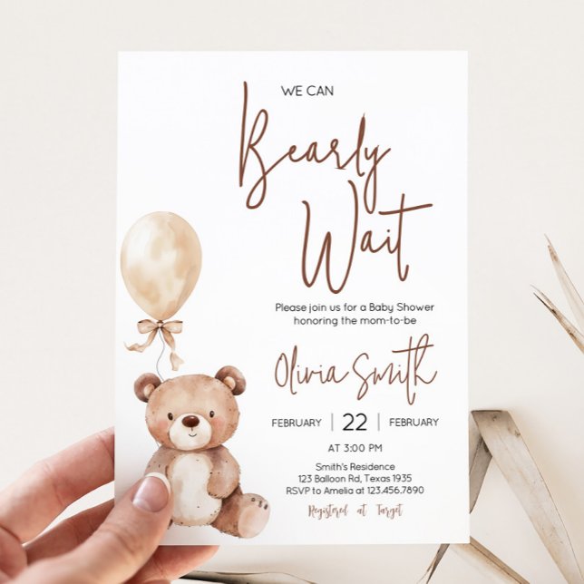 Brown Bear Balloon Baby Shower Invitation (Minimalist Brown Bear Balloon Baby Shower Invitation)