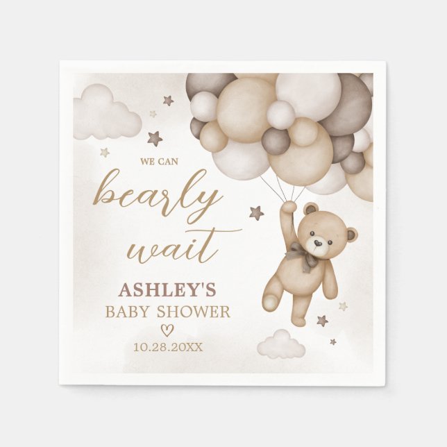 Brown Bear Balloon Baby Shower Napkins (Front)