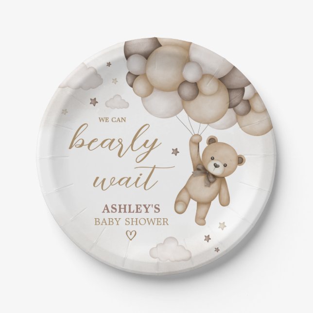 Brown Bear Balloon Baby Shower Paper Plates (Front)
